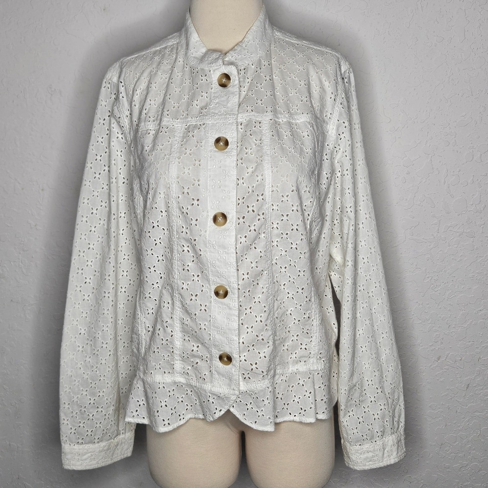 Chicos‎ White Eyelet Cotton Button Up Peplum Jacket Women Size 2 Large Boho